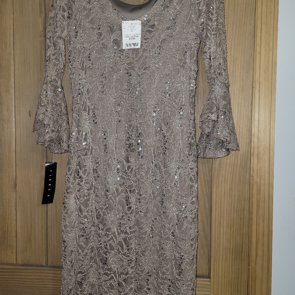 Tiana B dress, lace/sequin dress. Size 8, taupe, NWT, midi dress, bell sleeve